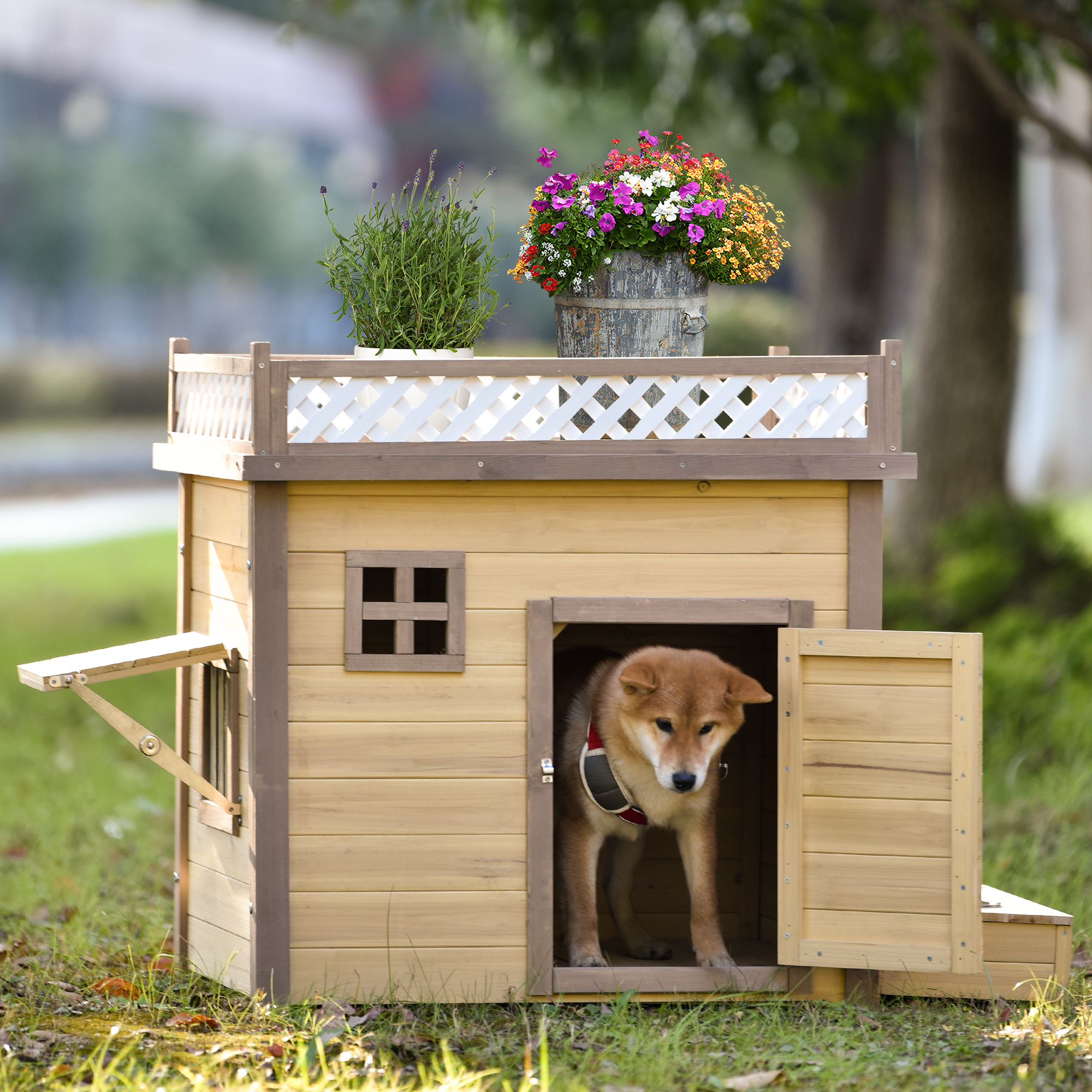 31.5'' Wooden Dog House with Flower Stand Wood Feeder