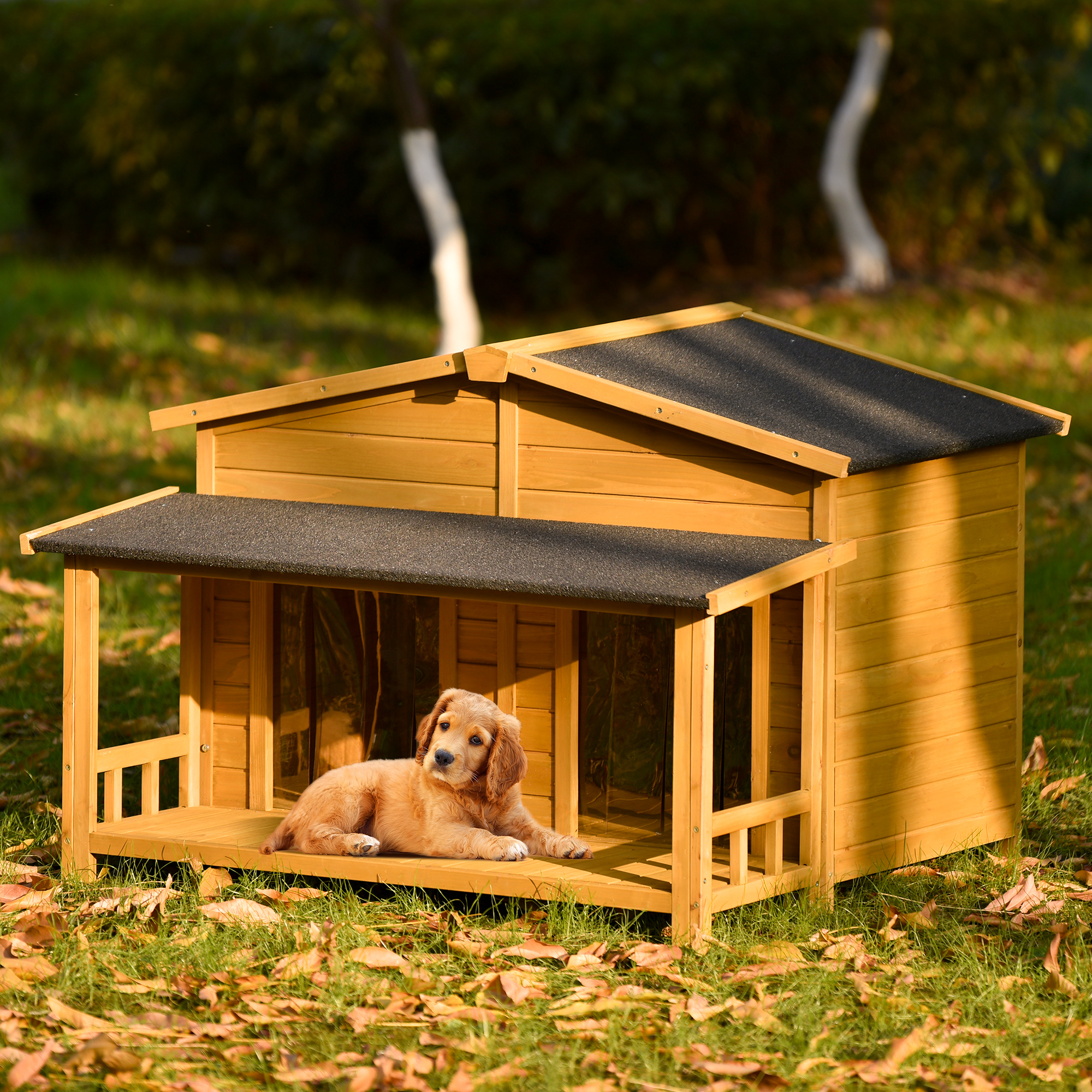 47.2'' Large Wooden Dog House Outdoor With Porch 2 Doors