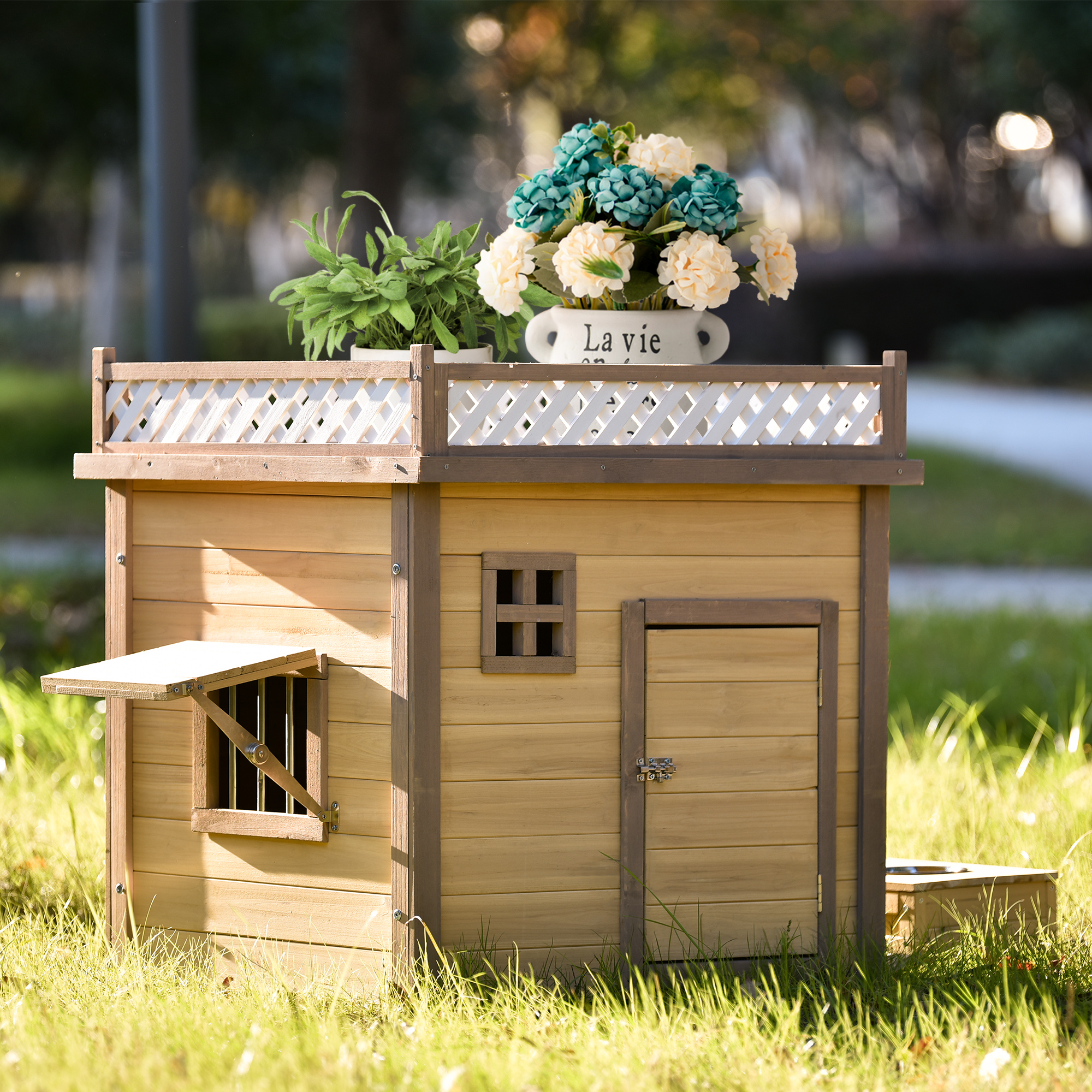 31.5'' Wooden Dog House with Flower Stand Wood Feeder