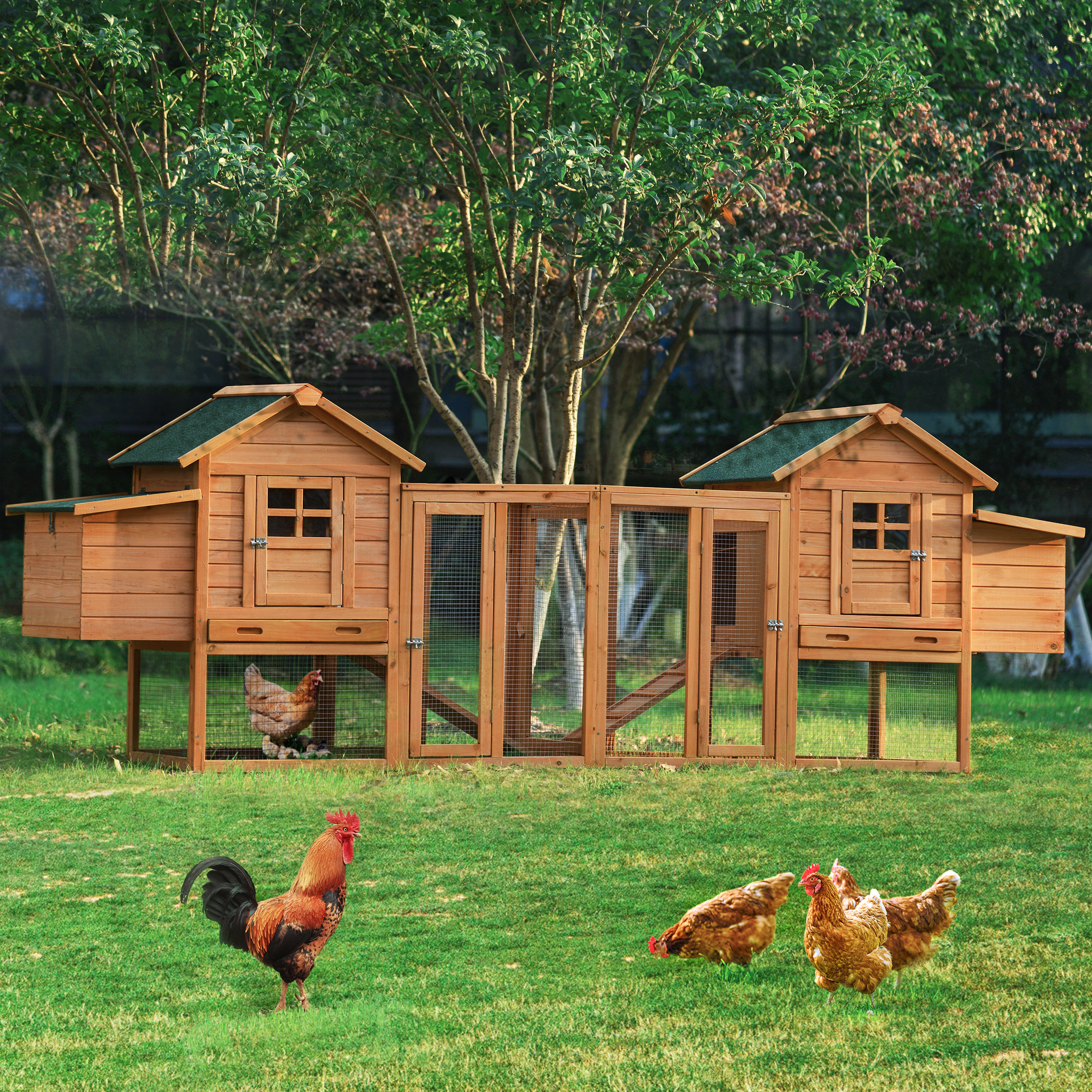 123.6" Large Outdoor Wooden Chicken Coop with 2 Ramps for 6 Chickens, Natural Color