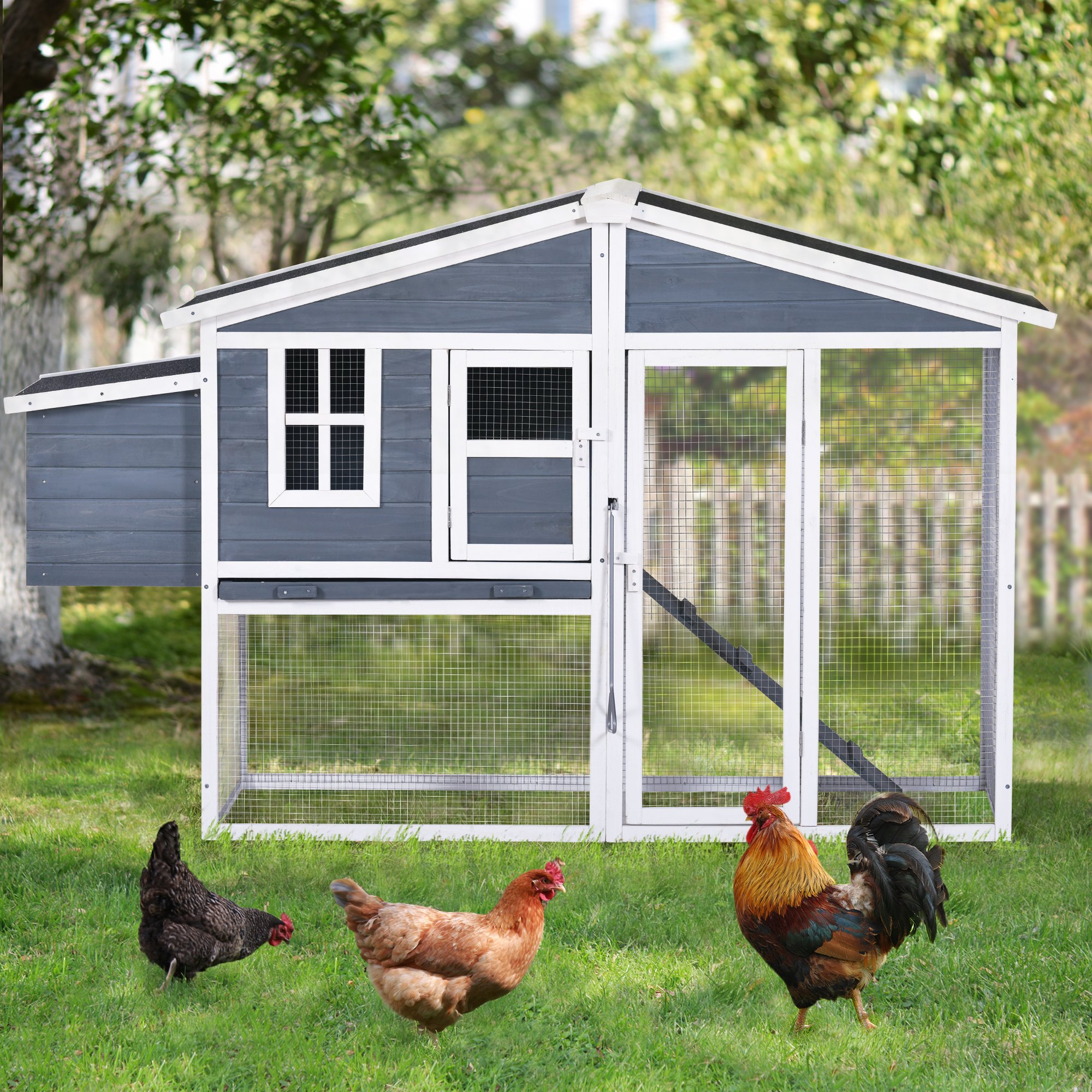 73.6” Large Wooden Chicken Coop Rabbit Hutch with Tray and Ramp, Grey