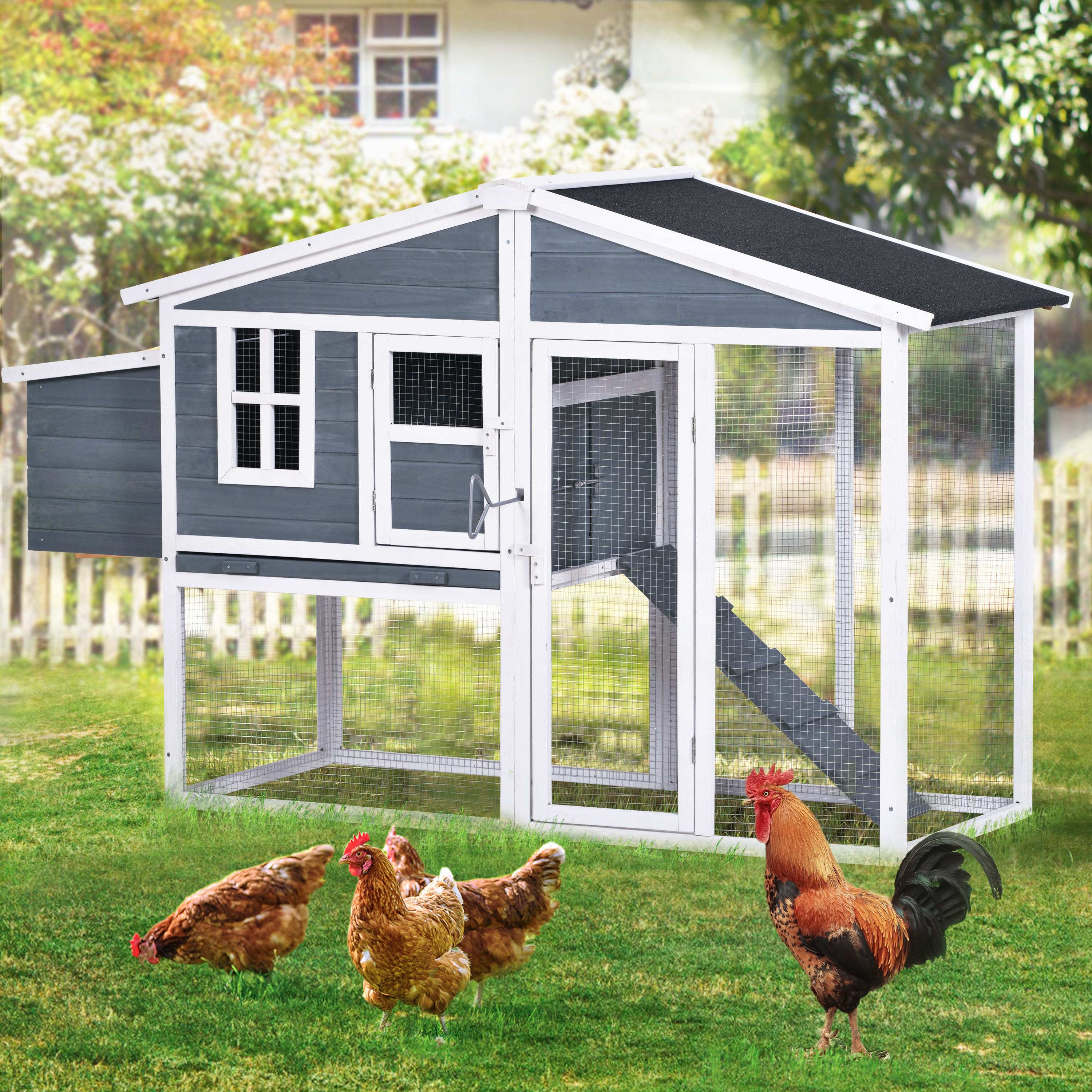 73.6” Large Wooden Chicken Coop Rabbit Hutch with Tray and Ramp, Grey