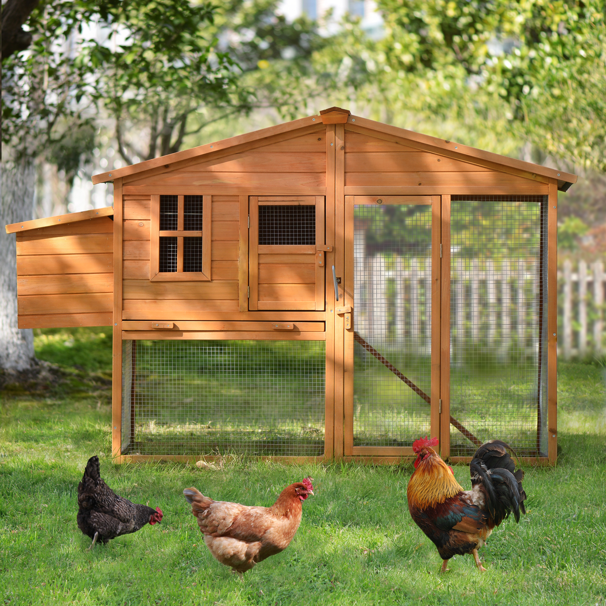 73.6” Large Wooden Chicken Coop Rabbit Hutch with Tray and Ramp, Natural Color