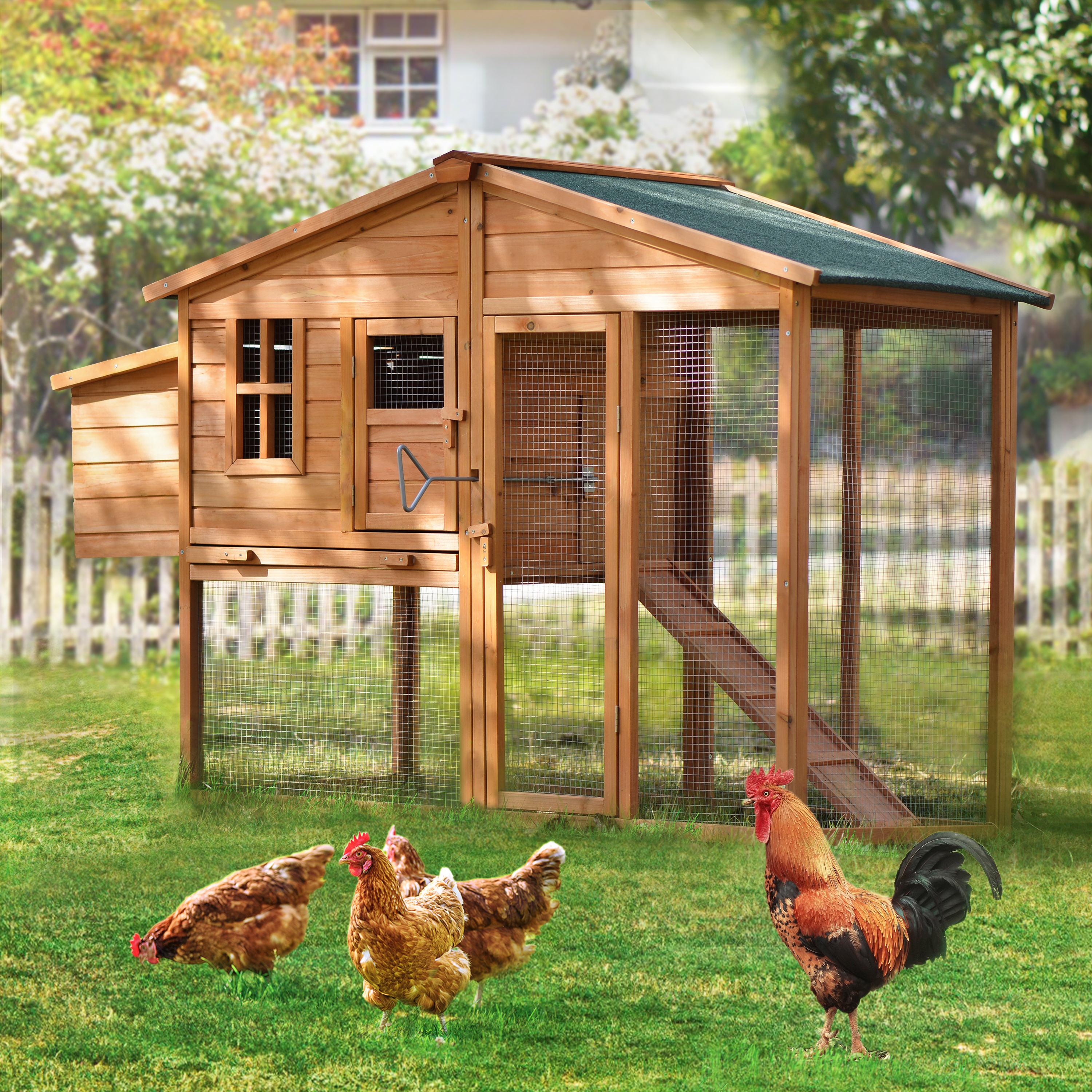 73.6” Large Wooden Chicken Coop Rabbit Hutch with Tray and Ramp, Natural Color