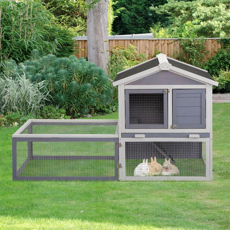 61'' 2-Tier Rabbit Hutch with Large Removable Run, Gray and White