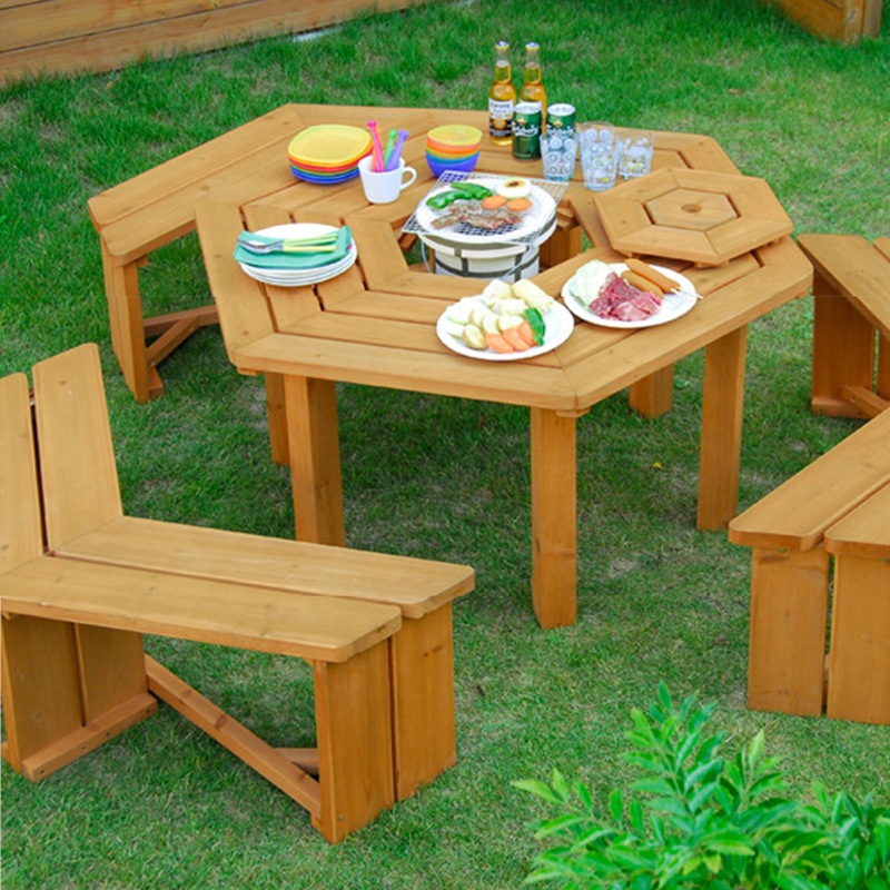 Wooden Picnic Table Set with Wood Bench, 3Adults or 6 Kids Outdoor Round Table with Umbrella Hold Design