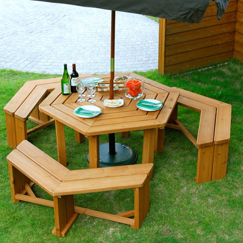 Wooden Picnic Table Set with Wood Bench, 3Adults or 6 Kids Outdoor Round Table with Umbrella Hold Design