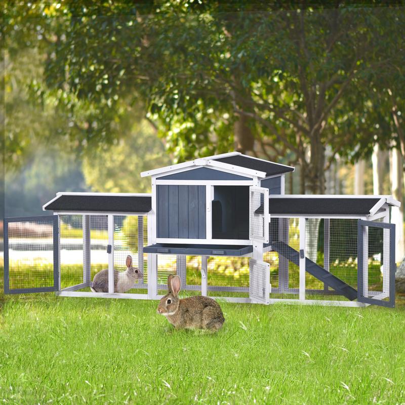 83.8'' Wood Rabbit Hutch Chicken Coop for Small Animals, Gray+White