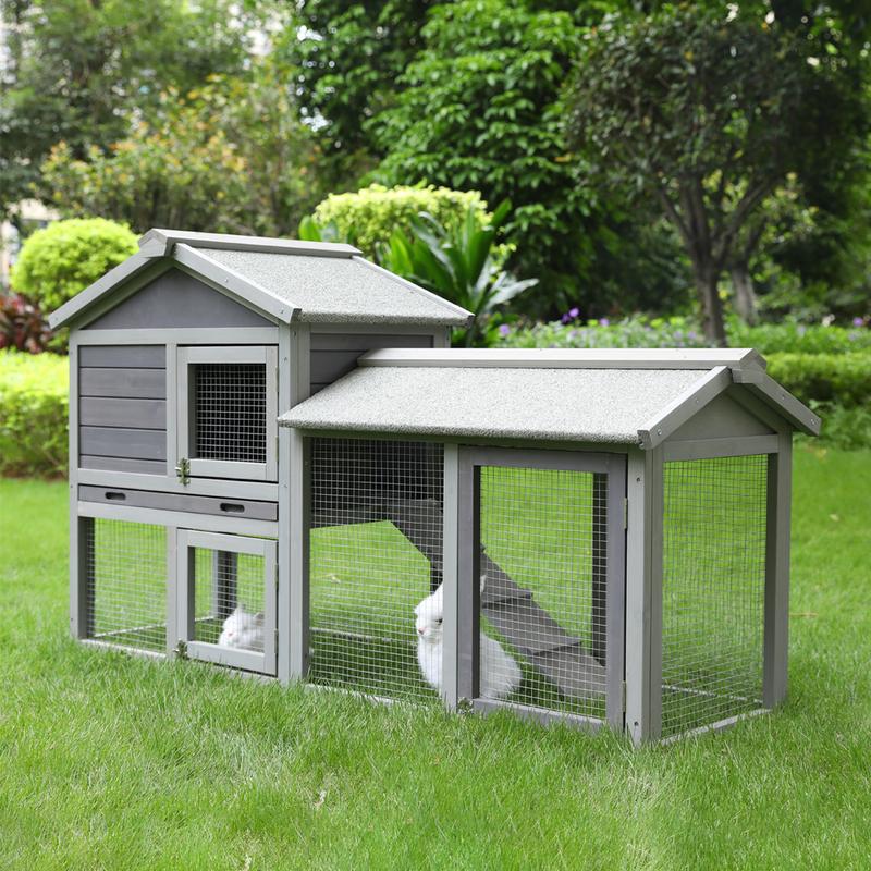 58.27'' Large Wooden Outdoor Rabbit Hutch with Ventilation Door, Removable Tray & Ramp
