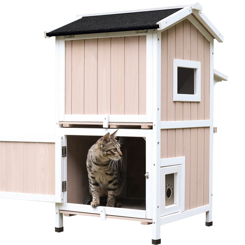 Waterproof 2-story Outdoor Wooden Cat House with Asphalt Roof Escape Doors