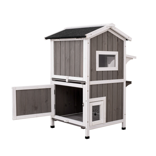 Wood 2 Story Cat House Outdoor Pet Condo 2-Tier Kitty Shelter Home Enclosure