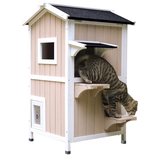 Waterproof 2-story Outdoor Wooden Cat House with Asphalt Roof Escape Doors