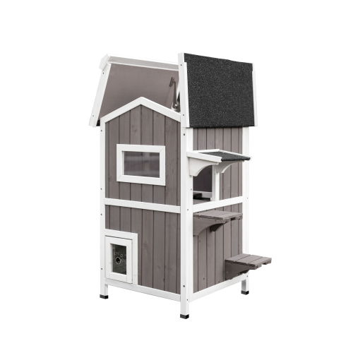 Wood 2 Story Cat House Outdoor Pet Condo 2-Tier Kitty Shelter Home Enclosure