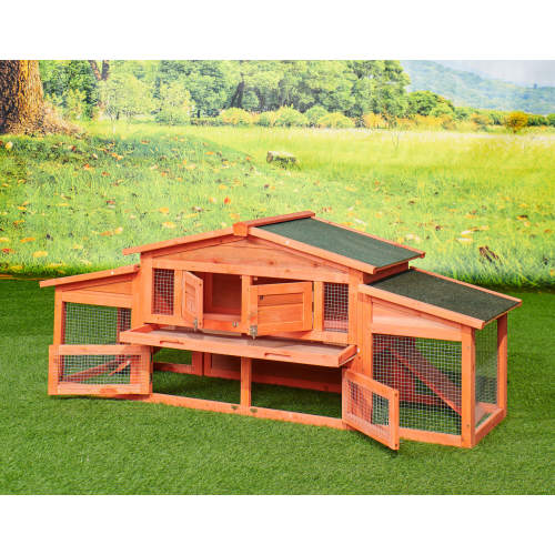 71'' Large Wooden Rabbit Hutch Small Animal House with 2 Run Play Area