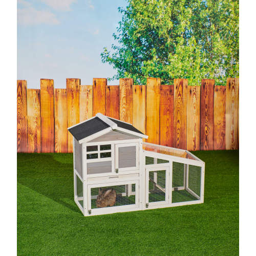 55'' Rabbit Hutch Indoor Outdoor Wooden Bunny Cage (Gray)