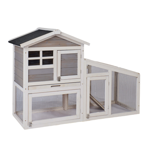 55'' Rabbit Hutch Indoor Outdoor Wooden Bunny Cage (Gray)