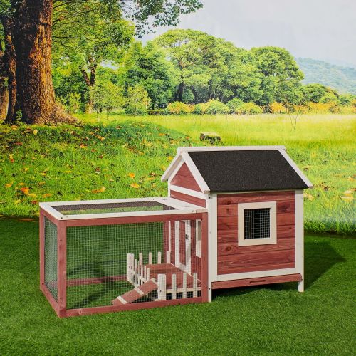 58'' Wooden Rabbit Hutch Bunny Cage with White Picket Fence