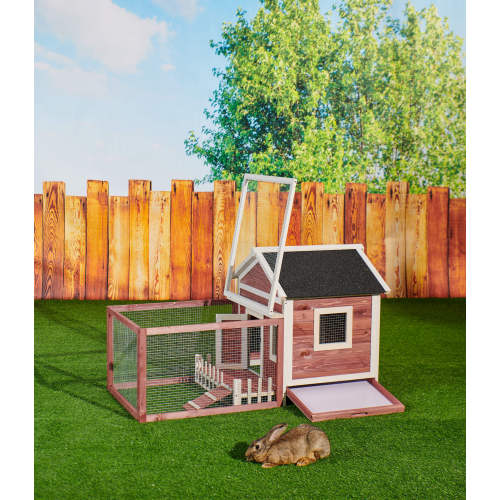 58'' Wooden Rabbit Hutch Bunny Cage with White Picket Fence