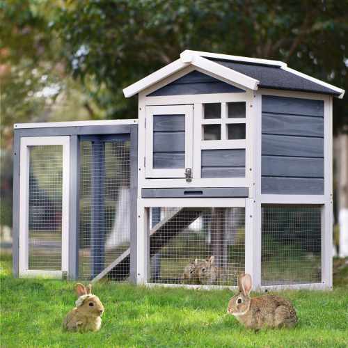 48'' Natural Wood Rabbit Hutch Small Animals House, Gray+White
