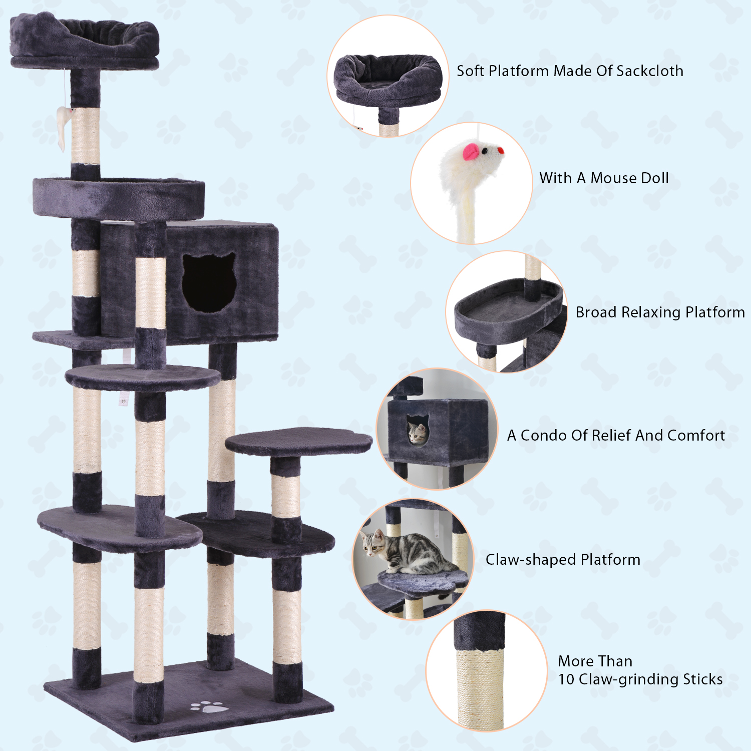 Cat Kitten Tree Grey, 175cm Cat Tower Activity Centre for Large Cat with Sisal Scratching Posts