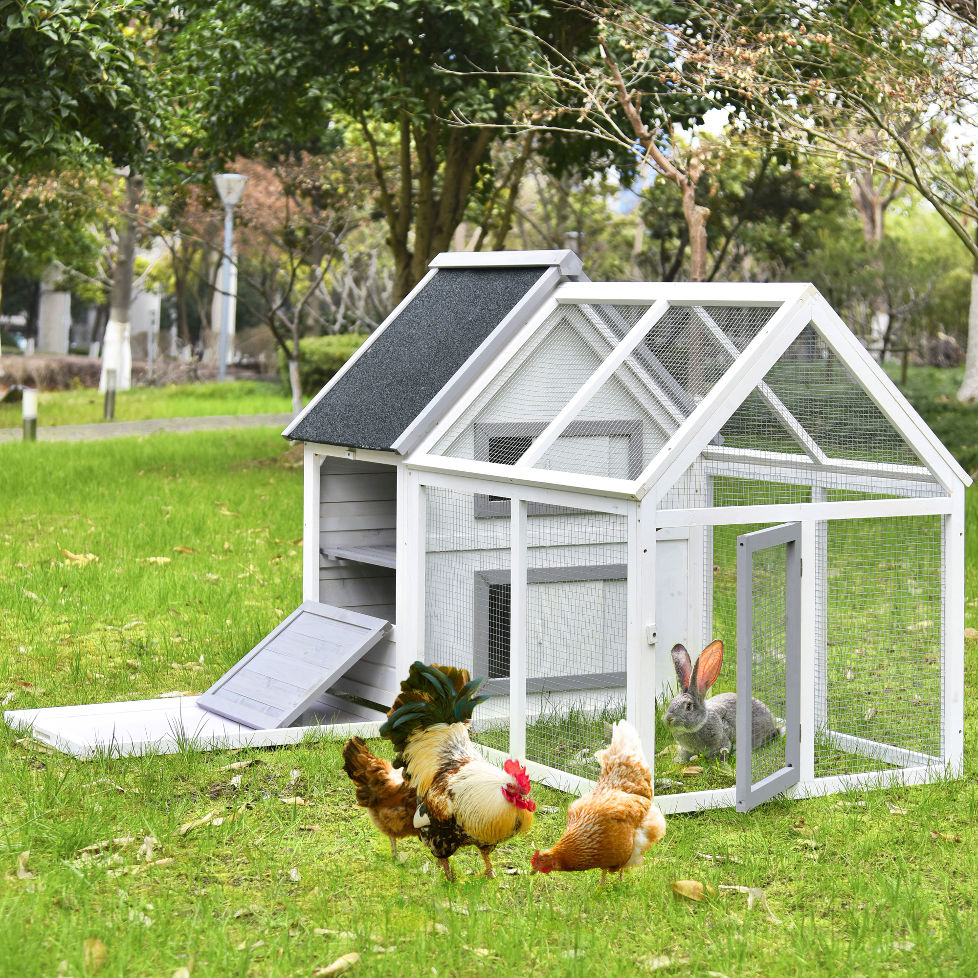 Wooden Rabbit Hutch Bunny Hutch House Guinea Pig Cage with Run Space, Removable Tray and Waterproof Roof for Outdoor Gre