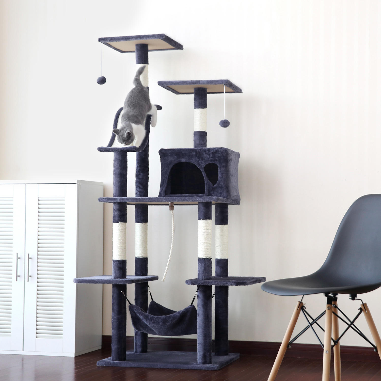 Large Cat Kitten Tree Cat Play Tower House Cat Scratcher Activity Centers Scratching Post with Ladders Condo (Grey)