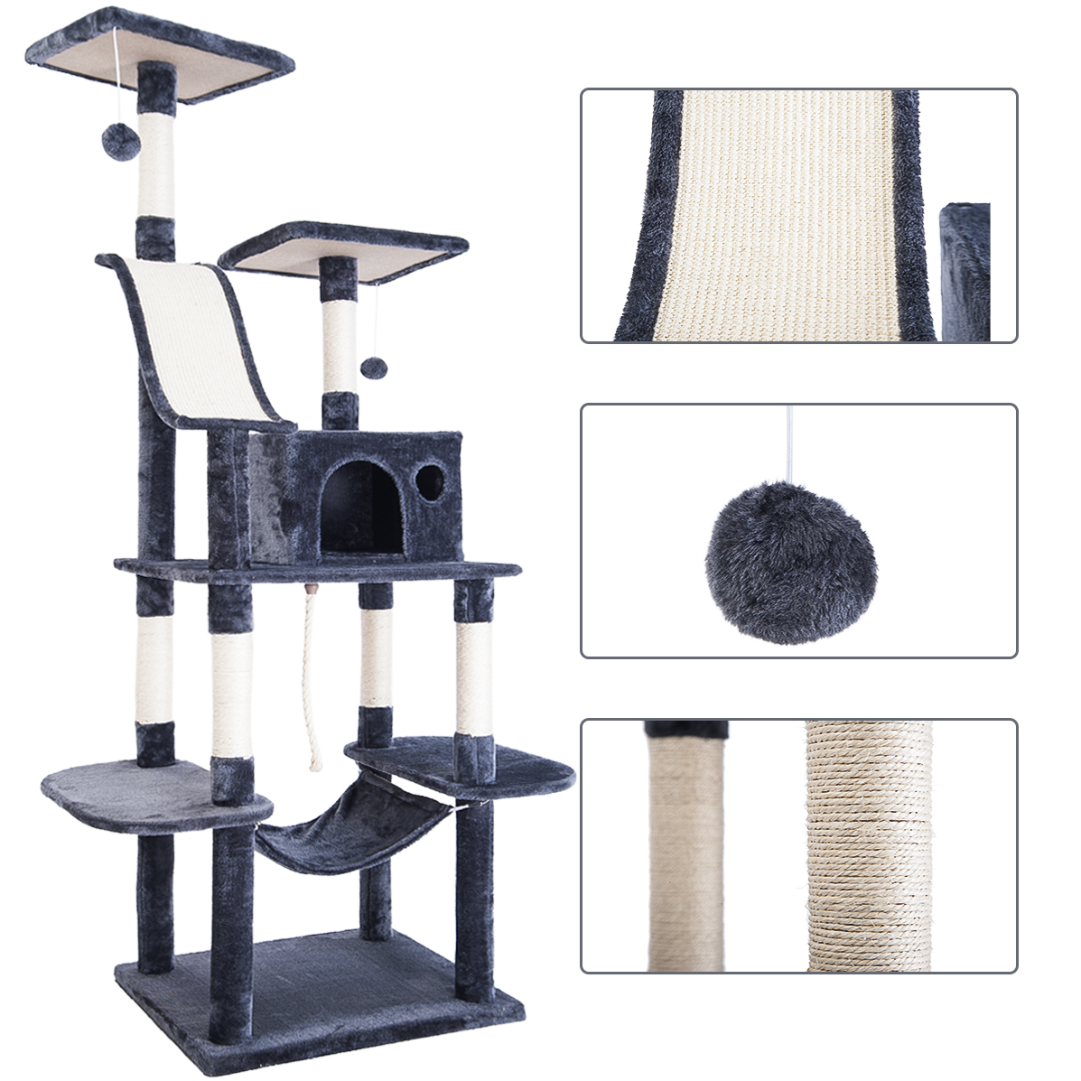 Large Cat Kitten Tree Cat Play Tower House Cat Scratcher Activity Centers Scratching Post with Ladders Condo (Grey)
